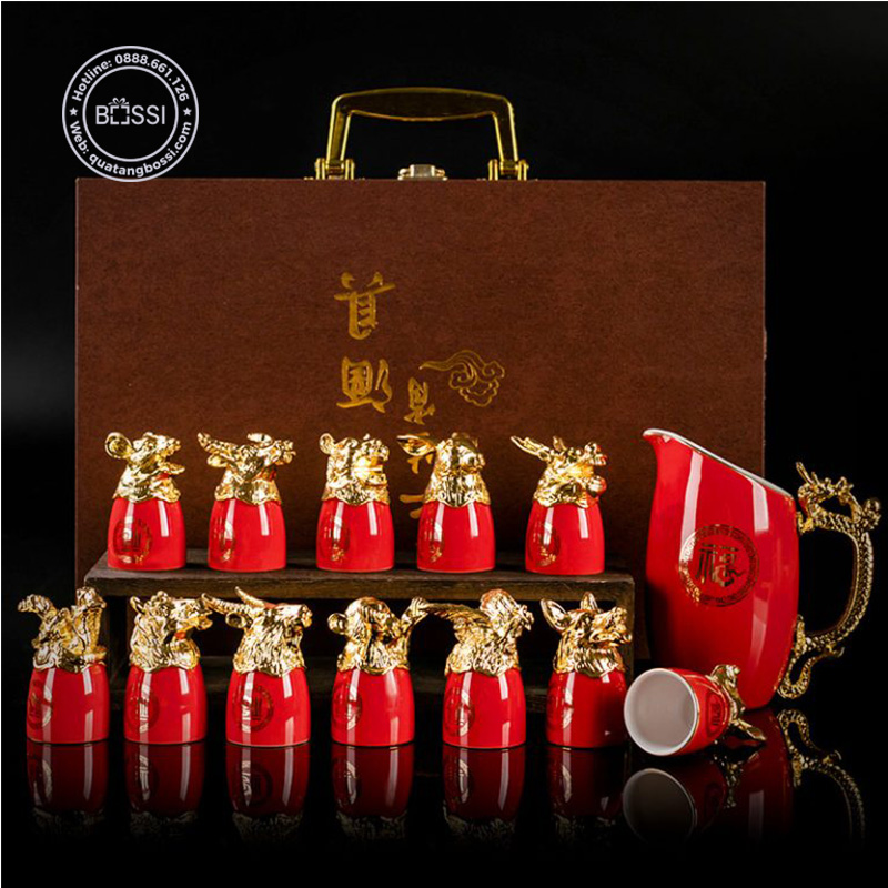 Bộ ly rượu 12 con giáp sứ cao cấp mạ vàng in logo - BL08 Màu đỏ