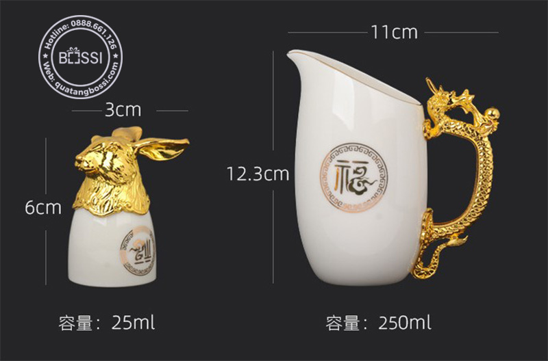 Bộ ly rượu 12 con giáp sứ cao cấp mạ vàng in logo - BL04 Màu trắng